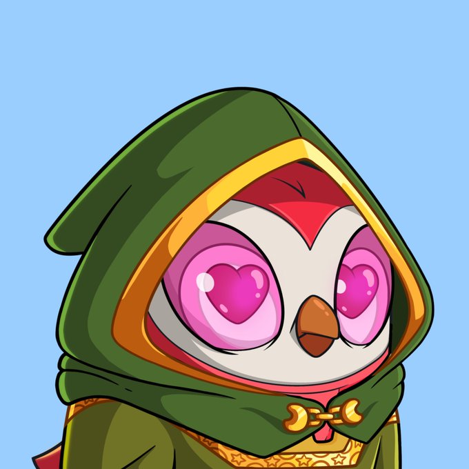 Digital illustration/cartoon of a cute owl-like character wearing a green hooded cloak with gold trim and heart-shaped pink/purple eyes.