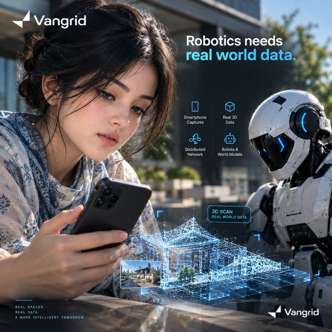 A promotional advertisement for 'Vangrid' featuring a woman using a smartphone to scan a 3D house model, with text reading 'Robotics needs real world data.'