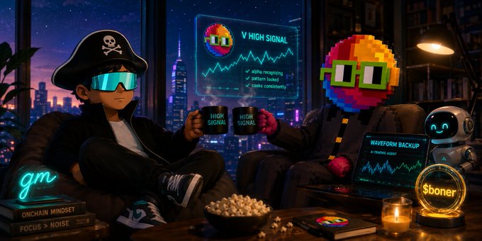 Crypto-themed AI illustration of a pirate and a colorful NFT-style character toasting mugs marked 'HIGH SIGNAL' in a high-rise apartment, with a chart showing 'V HIGH SIGNAL', 'WAVEFORM BACKUP', 'ONCHAIN MINDSET FOCUS > NOISE', and a $boner coin.