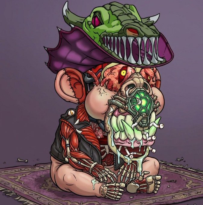 A grotesque cartoon illustration shows a fleshy, zombie-like baby creature with exposed muscles and bones, wearing a green dinosaur skull hat and holding a glowing green gem.