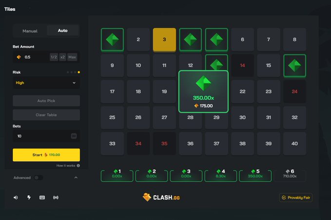 A dark-themed online gambling interface shows a Keno game board with a winning tile "3" highlighted in yellow, displaying a 350.00x multiplier on a 175.00 payout, matching the "350x keno" win referenced in the tweet.