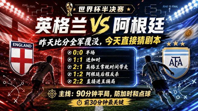 A promotional graphic for a World Cup semifinal match between 'ENGLAND VS 阿根廷' (Argentina), with Chinese text discussing game predictions and noting a final score of '2:2'.