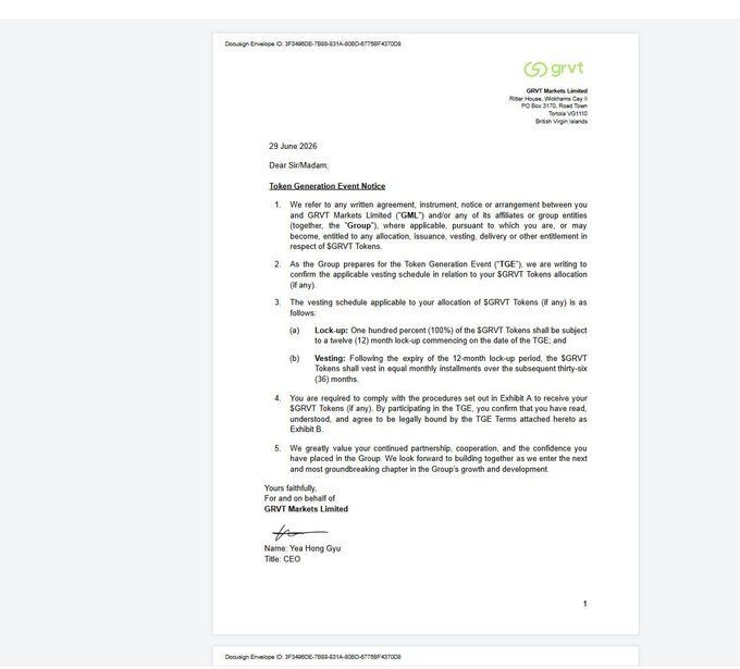 Official Token Generation Event notice letter from GRVT Markets Limited (British Virgin Islands) addressed to 'Sir/Madam,' dated 29 June 2026, detailing TGE terms including lock-up and vesting schedules for $GRVT Tokens, signed by CEO Yea Hong Gyu.