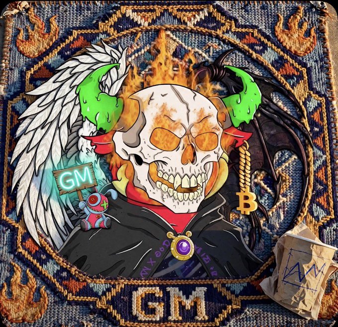 An illustration depicts a skull with horns and angel wings, accompanied by a 'GM' sign, a Bitcoin symbol, and an Among Us-style character, set against an ornate tapestry background with 'GM' woven into it.
