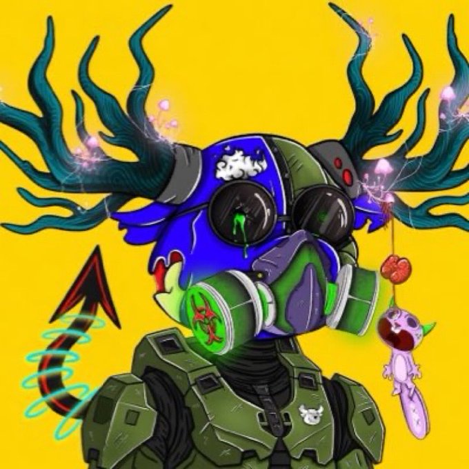A digital illustration of a character wearing a blue and green gas mask with large antler-like protrusions, featuring a small purple creature and hanging meat against a yellow backdrop.