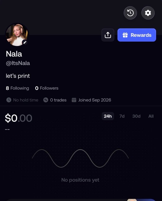 The image shows a profile page for a user named "Nala" (@ItsNala) on what appears to be a trading platform, displaying "$0.00" in earnings, "0 trades," "8 Following," and "0 Followers" with the bio "let's print." The post asks for follow recommendations on @fomo, and Nala's account—showing zero trades, followers, and no hold time—could be suggested as one such newcomer to follow.