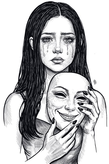 A black-and-white stippled illustration of a crying young woman holding a smiling theatrical mask, with dark nail polish and teardrops streaming down her face.