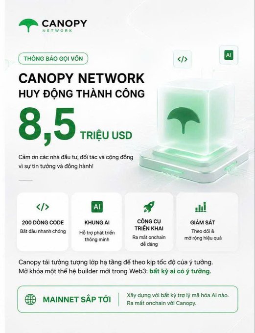 Canopy Network announces a successful $8.5 million funding round, highlighting its AI-powered Web3 platform that enables users to build and deploy onchain applications with over 200 code templates, a smart AI framework, and rocket-launch deployment tools, with mainnet launching soon.