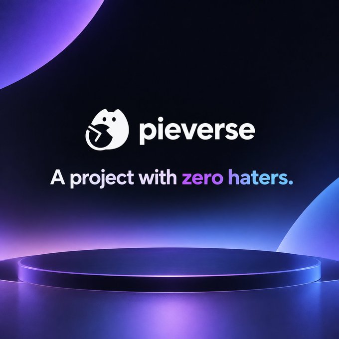 Promotional graphic for 'pieverse' with a logo featuring a cute pie character, tagline 'A project with zero haters.', displayed on a dark purple-lit stage with curved neon lighting.
