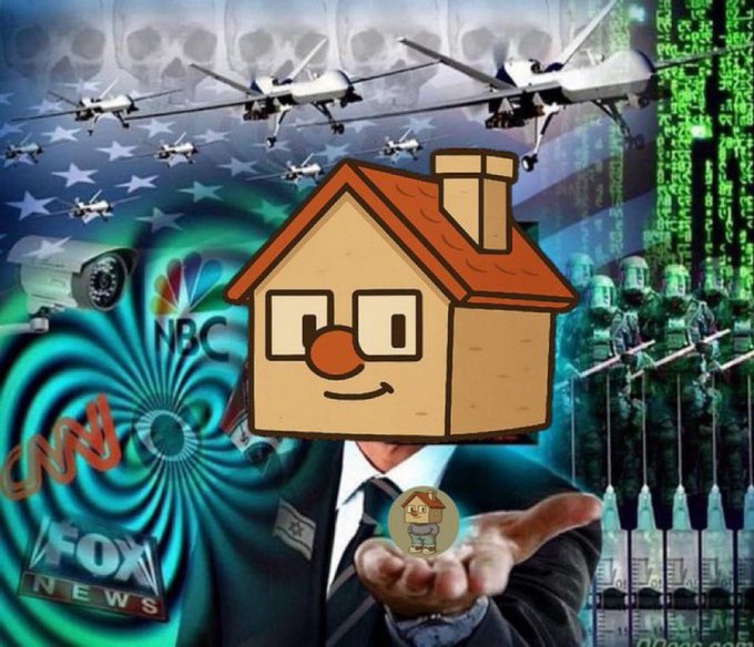 A smiling cartoon house with a face hovers in a hand against a surreal backdrop of CNN, NBC, and Fox News logos, military drones, soldiers, surveillance cameras, skull motifs, and a Matrix-style digital rain of code, with an Israeli flag and a small trollface figure on the palm below. The chaotic collage of media, warfare, and surveillance imagery visually amplifies the post's "gchill" (going chill) caption into a meme-like commentary on overwhelming information overload.
