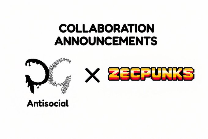A collaboration announcement graphic featuring 'Antisocial' logo on the left and 'ZECPUNKS' in pixelated text on the right, separated by a black 'X' symbol, under the heading 'COLLABORATION ANNOUNCEMENTS'.
