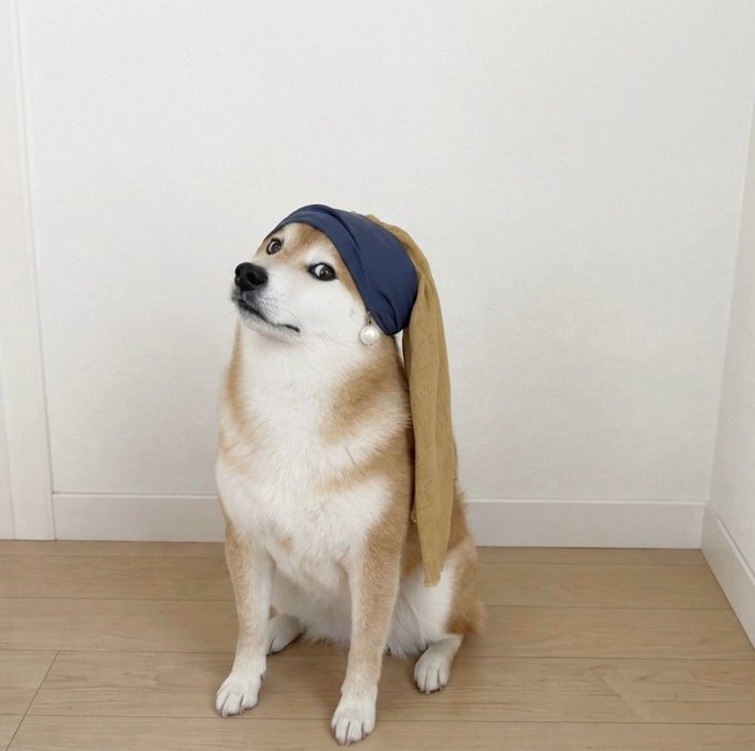 A Shiba Inu sits on a wooden floor, gazing upward while wearing a blue fabric head wrap reminiscent of the Girl with a Pearl Earring painting, with the pearl earring detail visible. The viral "face" referenced in the post appears to be the dog's soulful, melancholic expression—a look that has made this particular Shiba famous on the internet.