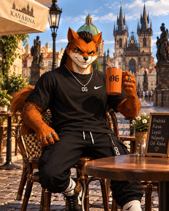 AI-generated illustration of an anthropomorphic cat-like character wearing a black 'OG' Nike shirt and black pants, sitting at an outdoor café in Prague (Praha) holding an orange mug, with a Gothic cathedral in the background.