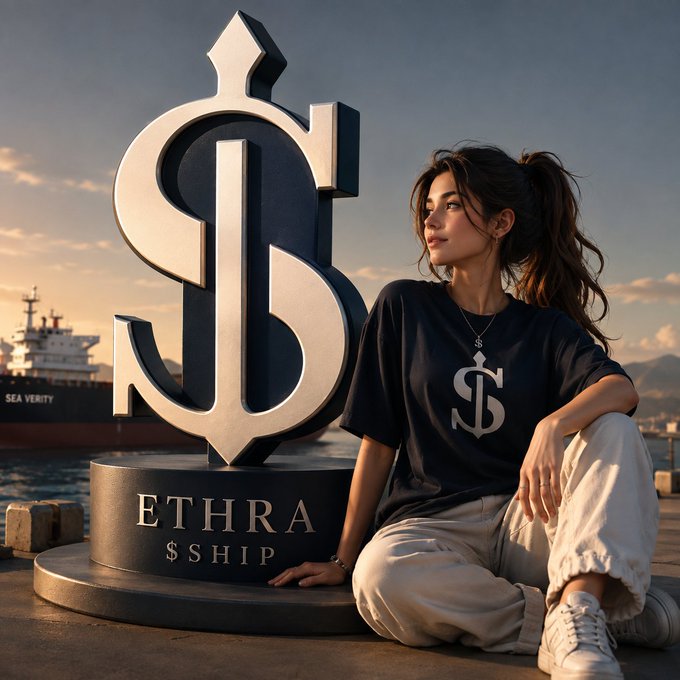 A stylized promotional image featuring a woman sitting next to a large dollar-sign sculpture labeled 'ETHRA $SHIP' at a port with a cargo ship in the background.