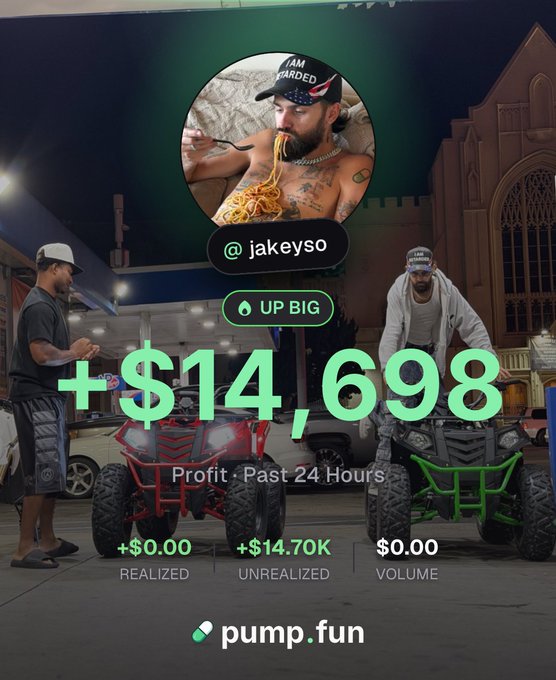 A pump.fun promotional graphic shows two men with ATVs and the text '+ $14,698 Profit - Past 24 Hours' for the user @jakeyso.