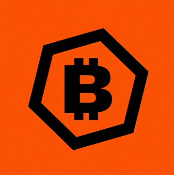 An orange background featuring a black Bitcoin (₿) logo inside a hexagonal shape.
