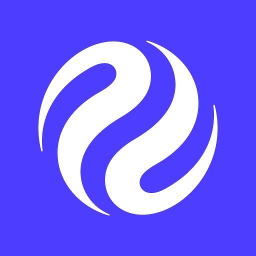 A purple square logo featuring a stylized white swirling or yin-yang-like emblem.