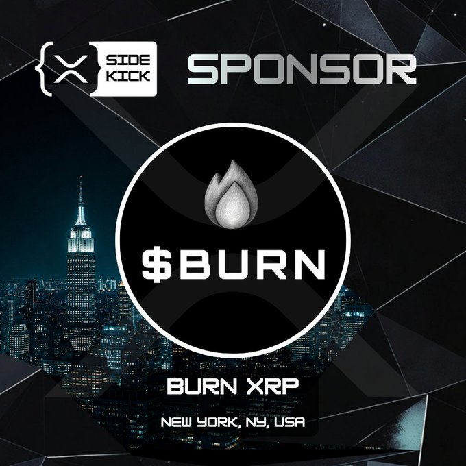 A promotional graphic for "SIDEKICK SPONSOR" featuring the $BURN logo (a flame/drop icon) and "BURN XRP" text over a nighttime New York City skyline.