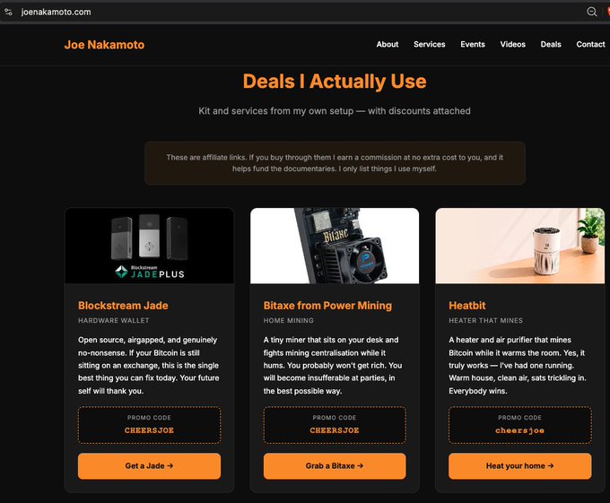 The joenakamoto.com website displays a 'Deals I Actually Use' page featuring affiliate products including the Blockstream Jade Plus hardware wallet, Bitaxe from Power Mining, and Heatbit heater with promo code CHEERSJOE.