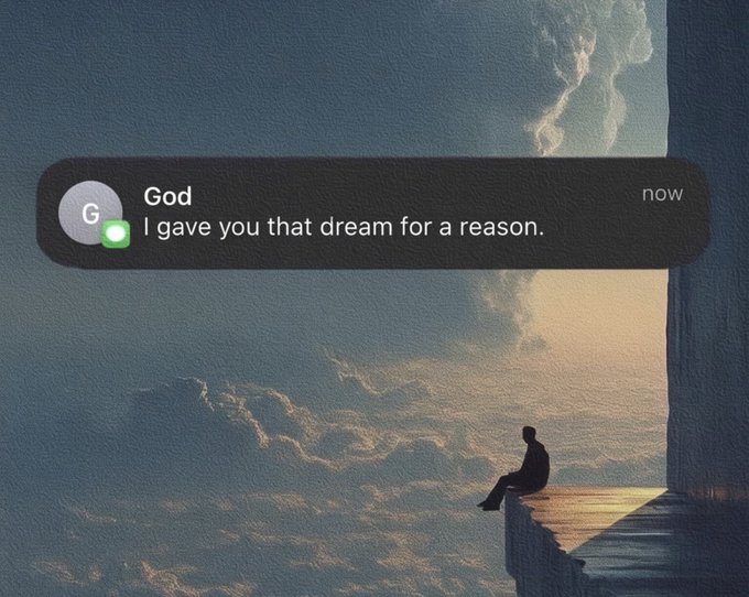A silhouetted figure sits contemplatively on a ledge overlooking a vast, cloudy sky, accompanied by a notification from "God" reading, "I gave you that dream for a reason." The image humorously pairs with the caption's joke about TikTok videos promising divine validation for absurd crypto dreams, presenting an ethereal, meme-worthy sign from above.