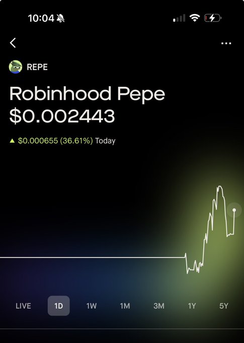 The image shows the cryptocurrency "Robinhood Pepe" (REPE) priced at $0.002443, up 36.61% today, displayed on a Robinhood interface. This confirms the "@RobinhoodCrypto" wallet verification mentioned in the accompanying post.