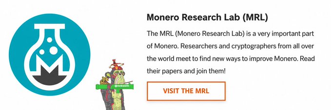 A promotional graphic for 'Monero Research Lab (MRL)' features a teal flask logo and a cartoon Shiba Inu dog on a skateboard, with text explaining the lab's importance and a 'VISIT THE MRL' button.