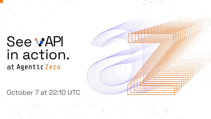 The image is a promotional graphic featuring the text 'See API in action. at Agentic Zero October 7 at 22:10 UTC' alongside a 3D-style, stacked layered graphic forming the letters 'AZ' in orange and blue.