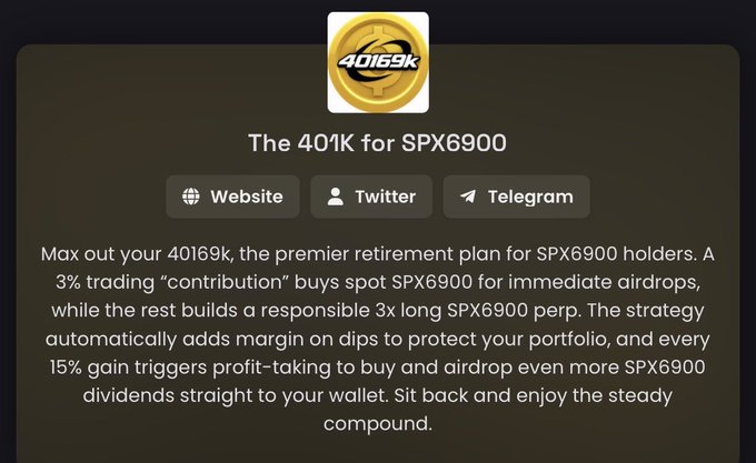 A webpage for 'The 401K for SPX6900' featuring a gold 40169k coin logo and links to Website, Twitter, and Telegram, with promotional text describing it as a retirement plan for SPX6900 holders with 3% trading contribution, 3x leverage, and 15% profit-taking triggers.