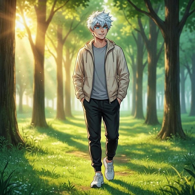 The image features an attractive young man walking through a forest, wearing a jacket and pants while carrying a backpack. The scene takes place outdoors with trees surrounding him, creating a serene atmosphere. The caption of the image reads "You should read this sunday crypto update if you want to know what a project will become just look at their token distribution @timesoulcom catch my eye today because of this exact reason it is way more than the app or the current bingx moment they give a massive share".