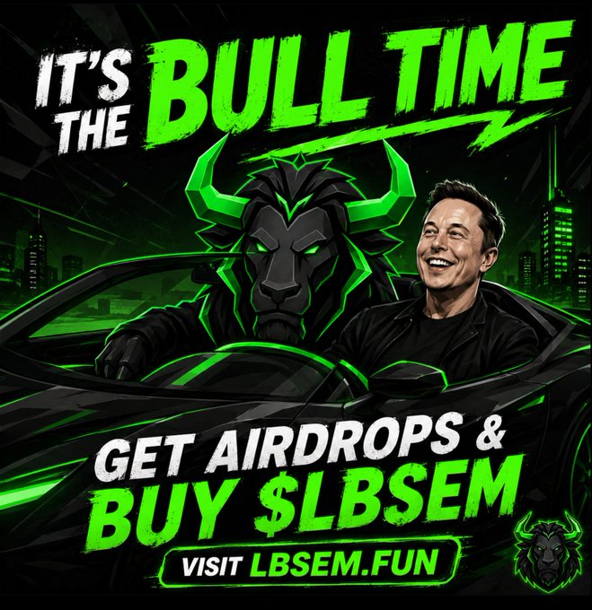 A bold promotional graphic featuring a smiling man in a black jacket and a fierce horned bull mascot riding in a sleek sports car, with text reading "IT'S THE BULL TIME — GET AIRDROPS & BUY $LBSEM — VISIT LBSEM.FUN," directly advertising the $LBSEM airdrop campaign for @LionBullSolana mentioned in the post.