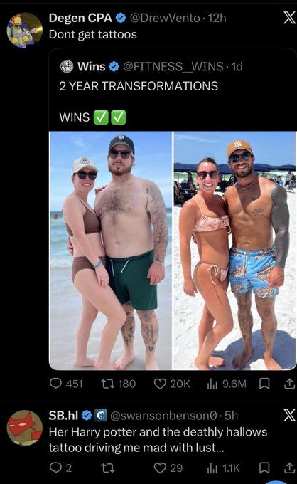 A screenshot of X (formerly Twitter) showing fitness influencer @FITNESS_WINS's "2 YEAR TRANSFORMATIONS" post featuring before-and-after beach photos of a couple, with user @DrewVento commenting "Dont get tattoos" and user @swansonbenson0 replying "Her Harry Potter and the deathly hallows tattoo driving me mad with lust..."