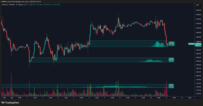 A TradingView candlestick chart of Ethereum (ETH/USD) on Coinbase shows a 1-hour timeframe where price has declined sharply toward a key buy wall around $2,876, with a notable red wick indicating rejection at that support level—visually confirming the post's claim that the buy wall remains intact.