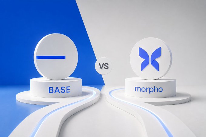 A 3D-rendered comparison graphic showing 'BASE' on the left and 'morpho' on the right on circular pedestals separated by 'VS', with blue and white pathways flowing beneath them.