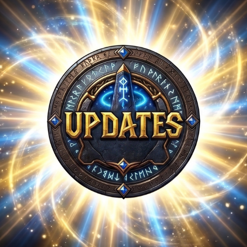 A radiant circular emblem featuring the word "UPDATES" in bold gold lettering, surrounded by mystical runes and glowing blue accents set against a cosmic burst of light. The image visually reinforces the post's announcement of upcoming enhancements and rewards for Obelisk Hero.