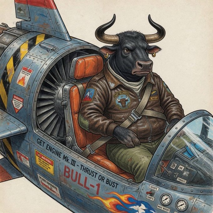 A digital illustration of an anthropomorphic bull wearing a brown leather pilot jacket sitting in the cockpit of a small aircraft labeled 'BULL-1' with 'GET ENGINE MK. III - THRUST OR BUST' written on the side.