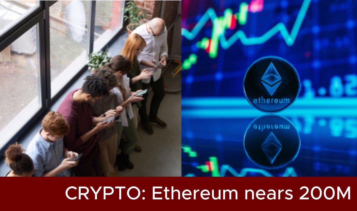 The image features a collage of two distinct scenes centered around cryptocurrency. The first scene displays a group of people standing closely together, all using their phones, possibly sharing or discussing information about Bitcoin. The second scene shows an illustration of a coin - in this case, an Ethereum - with a price tag at the bottom indicating that it is worth 200 million dollars. 

The text overlaying both scenes includes the words "Crypto: Etherum nears 2M wallets @SantimentData" and "Ethereum closes in on 200 million wallets @EThereum is 5M wallets away from a 200M milestone". These details emphasize the growing popularity of Ethereum as a mainstream cryptocurrency, while also showcasing its rapid growth and market trends.