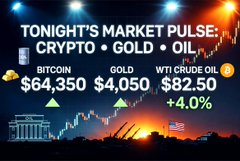 A 'Tonight's Market Pulse' graphic showing Bitcoin at $64,350, Gold at $4,050, and WTI Crude Oil at $82.50 with +4.0% change.