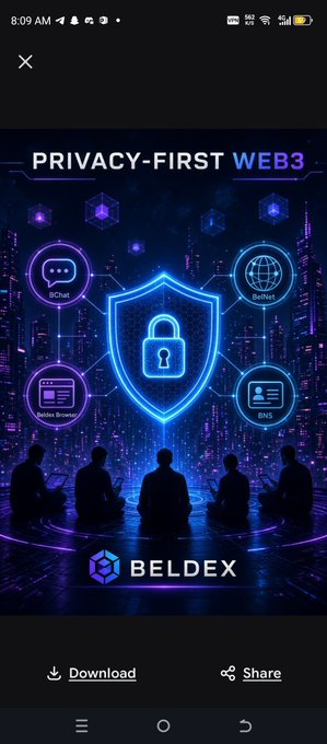 A promotional graphic for Beldex featuring "PRIVACY-FIRST WEB3" branding with a central padlock shield icon connecting to labeled nodes for BChat, BelNet, Beldex Browser, and BNS, illustrating how Beldex's suite of privacy tools delivers user-controlled digital identity and data protection.