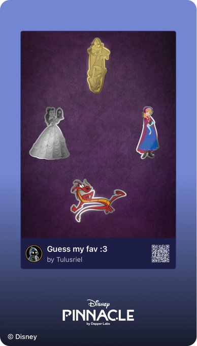 A Disney Pinnacle app screen showing a "Guess my fav :3" puzzle by Tulusriel featuring pin badges of Belle, Cinderella, Anna, and Mushu.