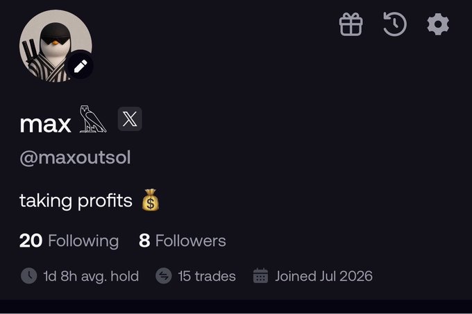 A social media profile page displays the username 'max' (@maxoutsol) with the bio 'taking profits 💰', showing 20 Following and 8 Followers, along with stats '1d 8h avg. hold' and '15 trades'.