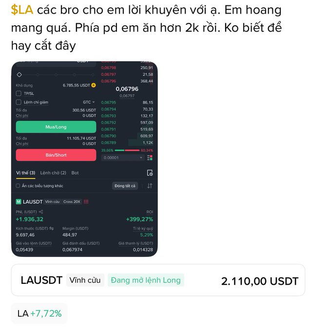 A Vietnamese social media post asks for advice on $LA token, showing a trading position of LAUSDT with a +399.27% ROI and 2,110.00 USDT total.
