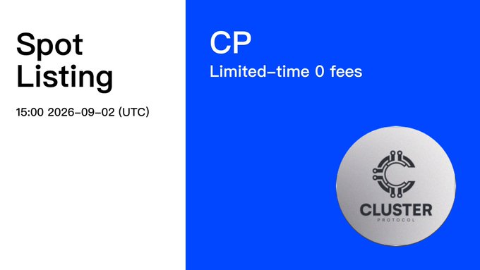 A slide titled 'Spot Listing' with a date of '15:00 2026-09-02 (UTC)' on the left, and a blue section on the right promoting 'CP' with 'Limited-time 0 fees' above the 'CLUSTER PROTOCOL' logo.