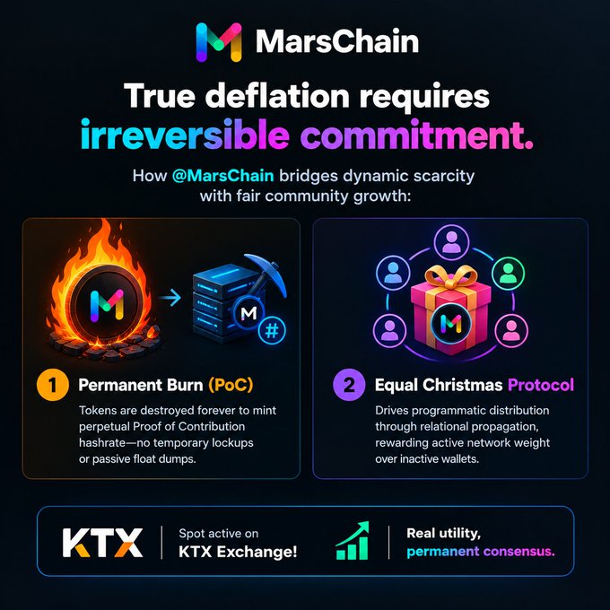 A promotional graphic for 'MarsChain' (@MarsChain) titled 'True deflation requires irreversible commitment,' detailing two mechanisms: '1 Permanent Burn (PoC)' and '2 Equal Christmas Protocol,' with a footer promoting 'KTX Exchange'.