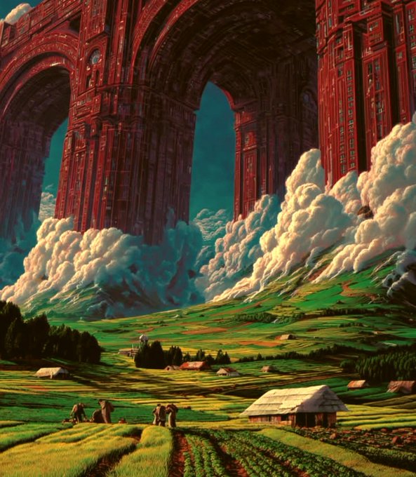 A surreal digital painting depicts a vast green farmland with small houses and tiny figures, dwarfed by a massive red stone archway structure that pierces through dramatic white clouds in the sky.