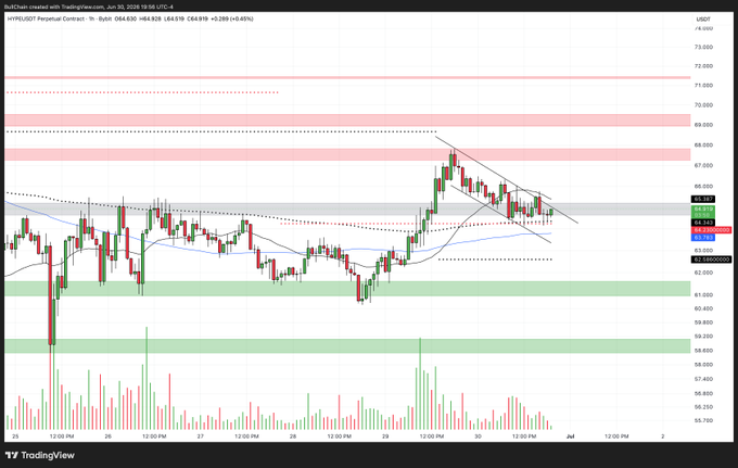 A TradingView 1-hour chart of Hyperliquid Perpetual Contract (HYPE/USDT) is shown, displaying price action between roughly $60-68, with a recent descending channel breakdown attempt near the 65.000 resistance level (current price around $64.638) and key support zones highlighted around $60-61. The post's bullish thesis aligns with a potential bounce off the lower channel boundary near the $64 area, suggesting a long entry on the setup forming at this descending structure's support.