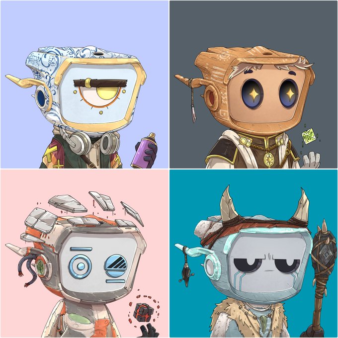 Four-panel illustration of quirky robotic characters with square heads, each wearing different outfits and accessories like graffiti artists, gold chains, brick helmets, and viking horns.