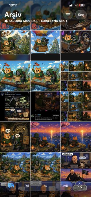 Screenshot of an iPhone photo gallery titled 'Arşiv' showing various colorful illustrations of cartoon characters including one labeled 'PREV WILLOWS' and others in adventure/pirate scenes.