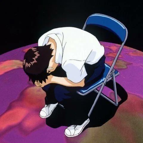 An anime-style illustration showing a young man in a white shirt and dark pants slumped forward on a folding chair with his head down, set against a dark background with a purple and orange textured floor.