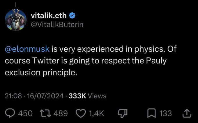 A tweet from Vitalik Buterin (@VitalikButerin) posted on 16/07/2024 reads: "@elonmusk is very experienced in physics. Of course Twitter is going to respect the Pauly exclusion principle." The post references Pauly0x, tying into the accompanying message about supporting @Wonka0x and the Pauly0x vision that influenced their growth in web3.