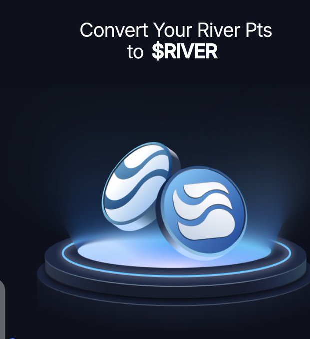 A promotional graphic on a dark background with the text 'Convert Your River Pts to $RIVER' above two glowing blue tokens with a wave logo.